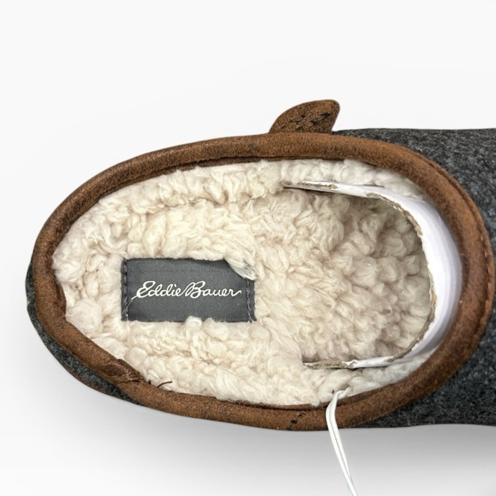 Eddie Bauer Women's Sherpa Lined Clog Slippers Dark Heather Grey Bear Motif - Picture 7 of 14